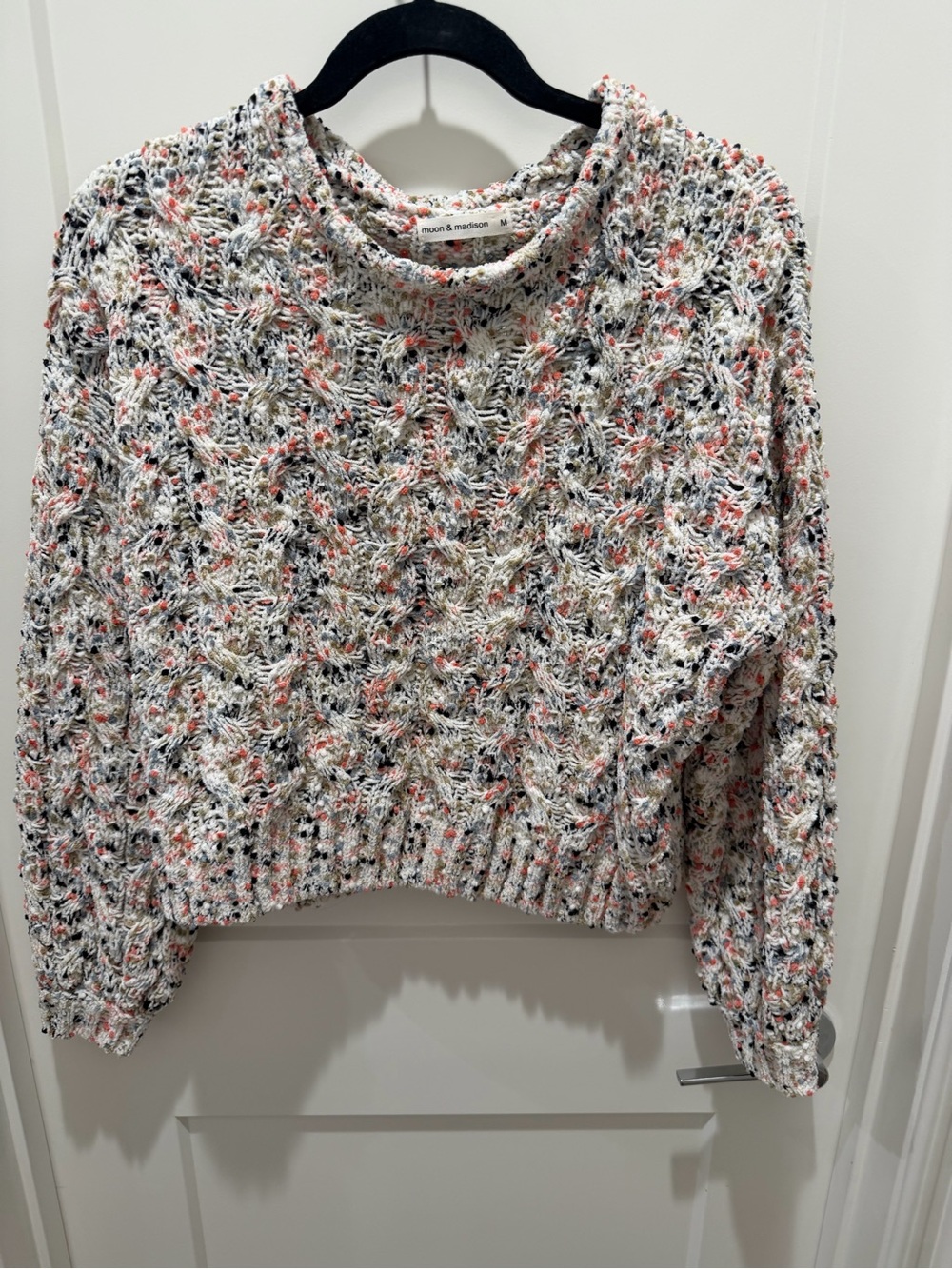 moon & madison Cream Knit Crewneck Sweater with Pink and Black Speckle
